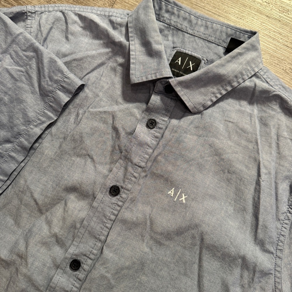 Armani Exchange Shirt Mens Large Blue Chambray Cotton Slim Designer AX Casual